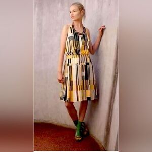 Maeve by Anthopologie Otta, art deco geometric, pleated silk-cotton dress sz 2